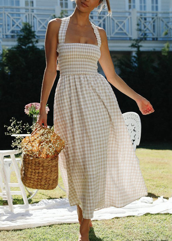 New Beige Plaid Lace Up Backless Cotton Dress Summer