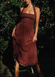New Beige Plaid Lace Up Backless Cotton Dress Summer