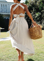 New Beige Plaid Lace Up Backless Cotton Dress Summer