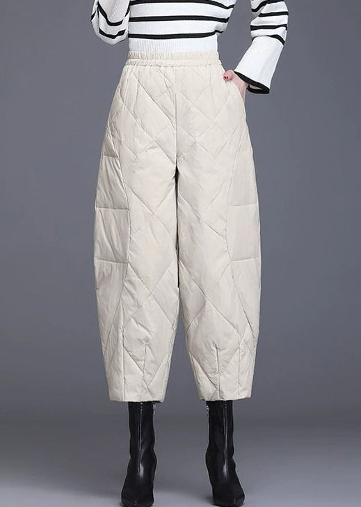 New Beige Pockets Elastic Waist Fine Cotton Filled Crop Pants Winter