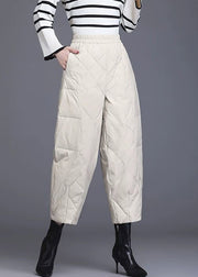New Beige Pockets Elastic Waist Fine Cotton Filled Crop Pants Winter