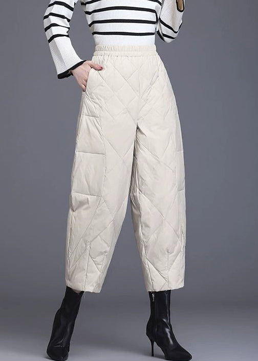 New Beige Pockets Elastic Waist Fine Cotton Filled Crop Pants Winter