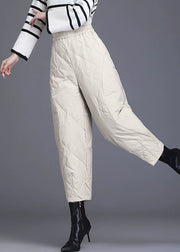 New Beige Pockets Elastic Waist Fine Cotton Filled Crop Pants Winter