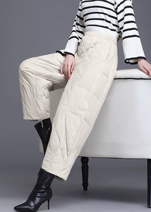 New Beige Pockets Elastic Waist Fine Cotton Filled Crop Pants Winter