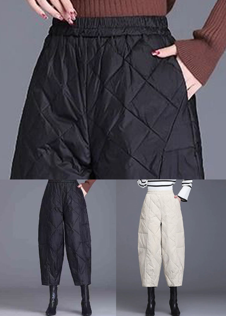 New Beige Pockets Elastic Waist Fine Cotton Filled Crop Pants Winter