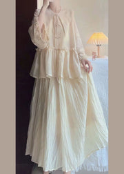 New Beige Ruffled Embroideried Lace Up Cotton Two-Piece Set Spring