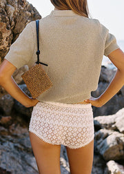New Beige V Neck Button Knit Short Top Summer