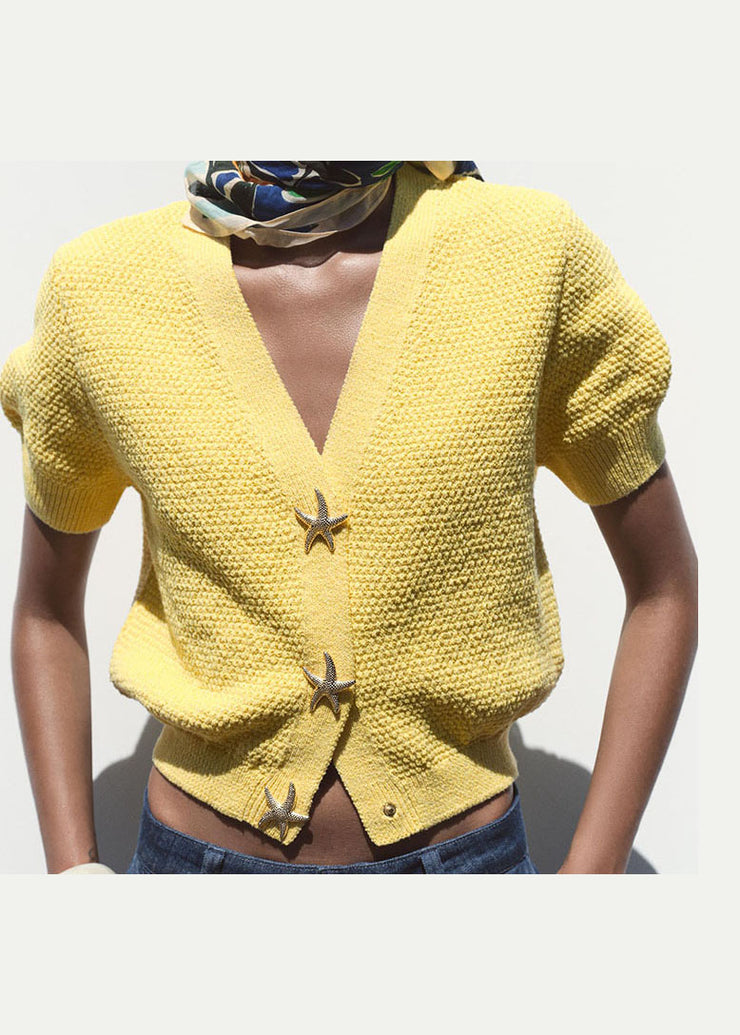 New Beige V Neck Button Knit Short Top Summer
