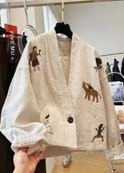 New Beige V Neck Embroidered Patchwork Linen Coats Fall