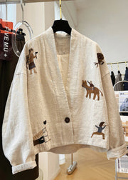 New Beige V Neck Embroidered Patchwork Linen Coats Fall