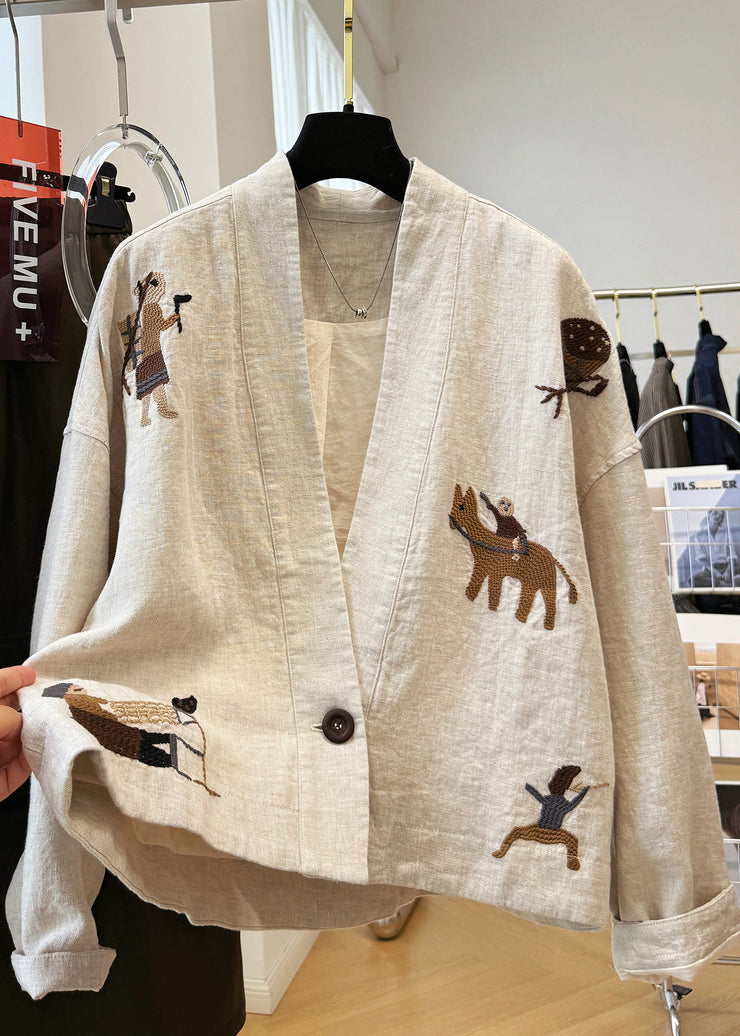 New Beige V Neck Embroidered Patchwork Linen Coats Fall