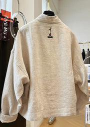 New Beige V Neck Embroidered Patchwork Linen Coats Fall