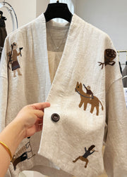 New Beige V Neck Embroidered Patchwork Linen Coats Fall
