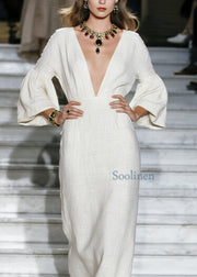 New Beige V Neck Patchwork Loose Cotton Maxi Dresses Fall