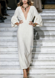 New Beige V Neck Patchwork Loose Cotton Maxi Dresses Fall