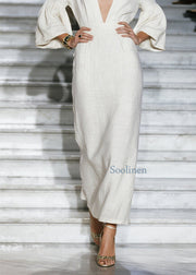 New Beige V Neck Patchwork Loose Cotton Maxi Dresses Fall