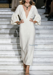 New Beige V Neck Patchwork Loose Cotton Maxi Dresses Fall