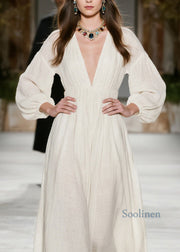 New Beige V Neck Wrinkled Patchwork Cotton Dress Fall