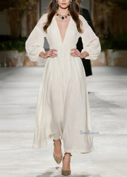 New Beige V Neck Wrinkled Patchwork Cotton Dress Fall