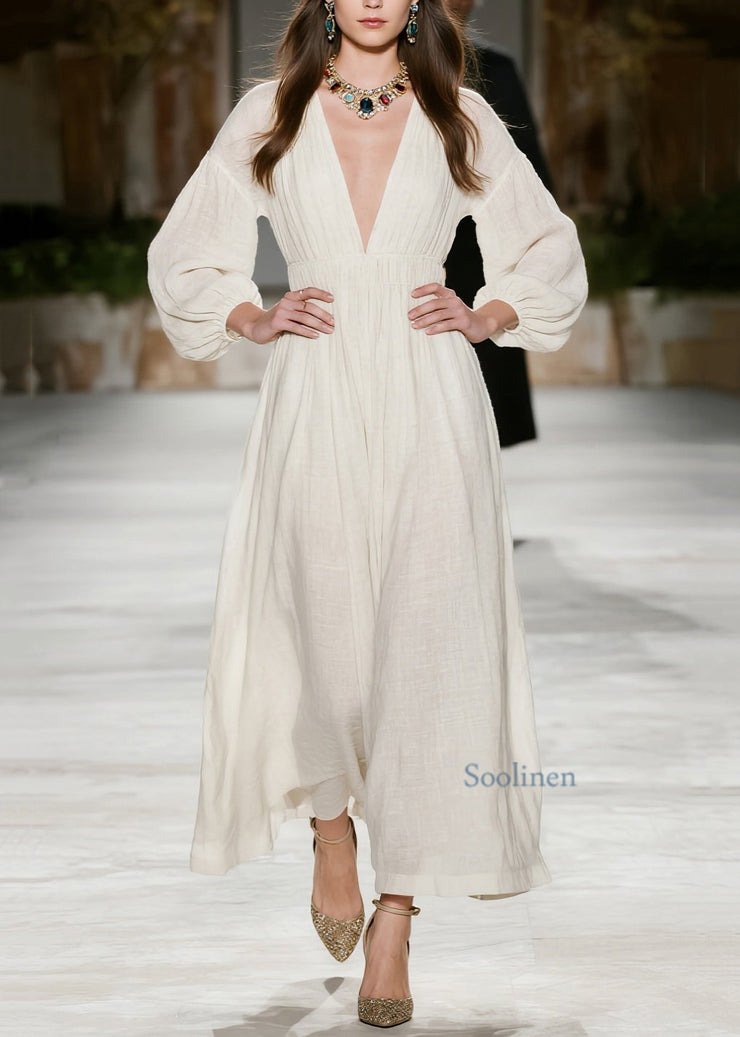 New Beige V Neck Wrinkled Patchwork Cotton Dress Fall