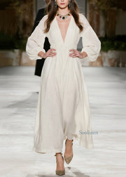 New Beige V Neck Wrinkled Patchwork Cotton Dress Fall