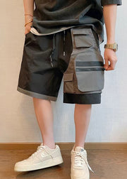New Black Asymmetrical Pockets Patchwork Cotton Mens Shorts Summer