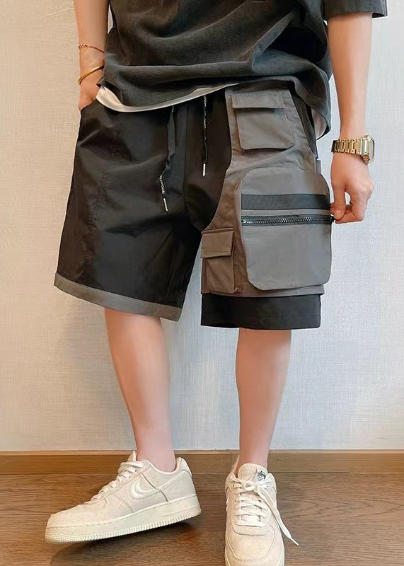 New Black Asymmetrical Pockets Patchwork Cotton Mens Shorts Summer