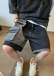 New Black Asymmetrical Pockets Patchwork Cotton Mens Shorts Summer
