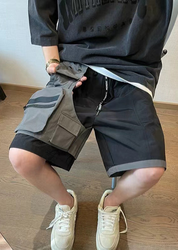 New Black Asymmetrical Pockets Patchwork Cotton Mens Shorts Summer