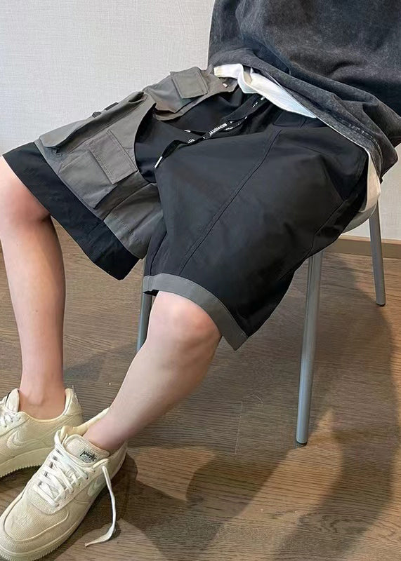 New Black Asymmetrical Pockets Patchwork Cotton Mens Shorts Summer