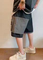 New Black Asymmetrical Pockets Patchwork Cotton Mens Shorts Summer