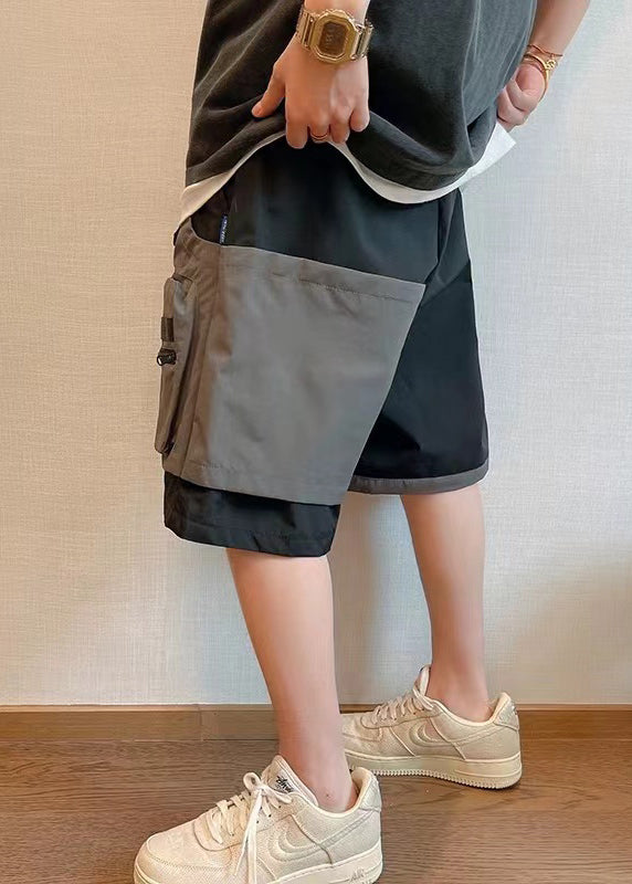 New Black Asymmetrical Pockets Patchwork Cotton Mens Shorts Summer