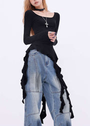 New Black Asymmetrical Solid Cotton T Shirts Spring