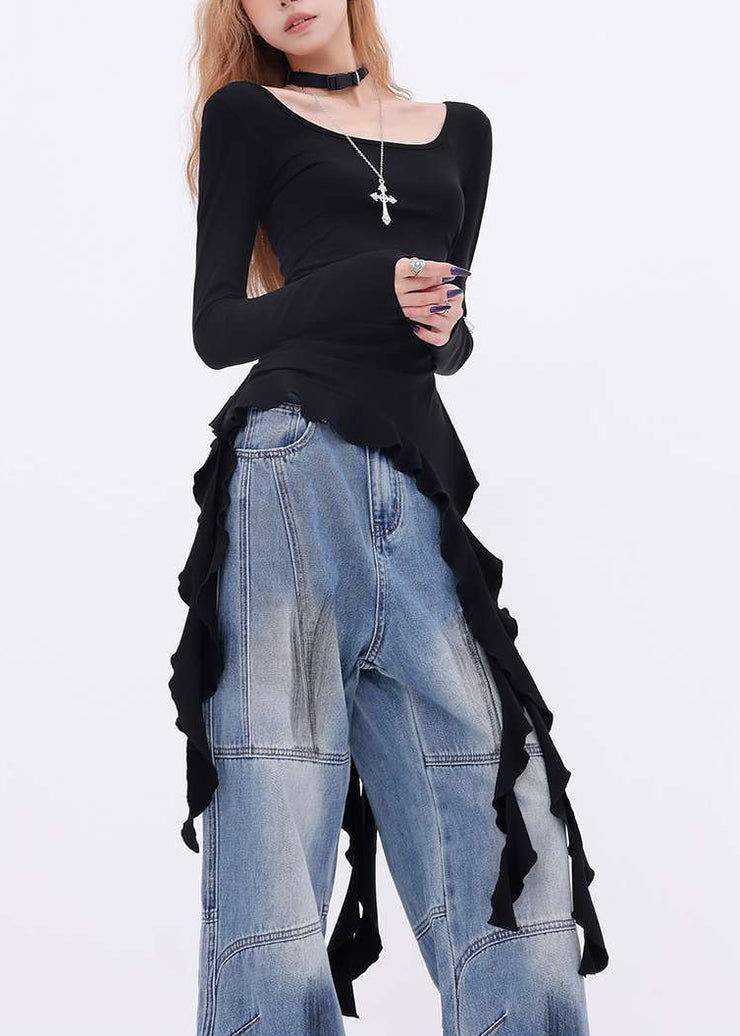 New Black Asymmetrical Solid Cotton T Shirts Spring
