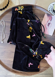 New Black Butterfly Elastic Waist Silk Velvet Straight Pants Fall