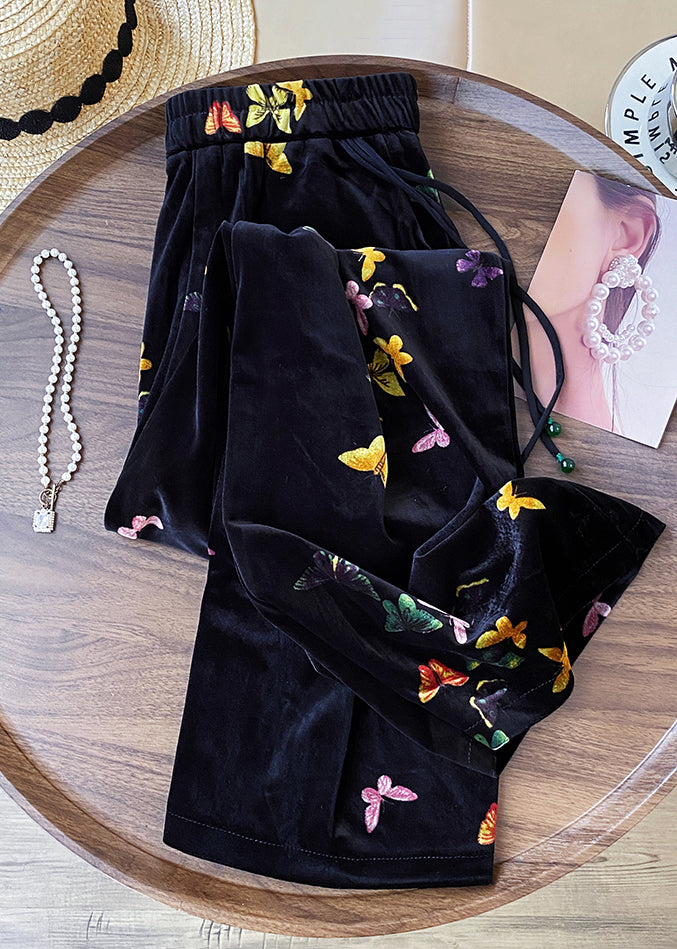 New Black Butterfly Elastic Waist Silk Velvet Straight Pants Fall