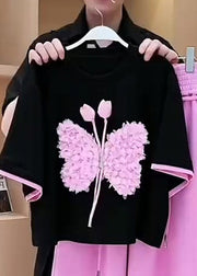 New Black Butterfly T Shirt And Pink Pants Cotton Two-Piece Set Summer