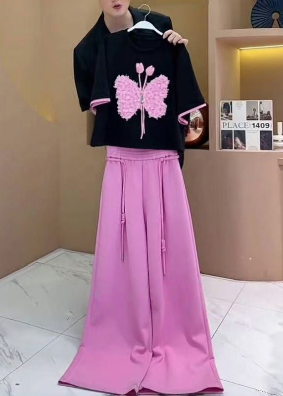 New Black Butterfly T Shirt And Pink Pants Cotton Two-Piece Set Summer