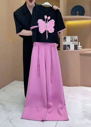New Black Butterfly T Shirt And Pink Pants Cotton Two-Piece Set Summer