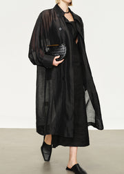 New Black Button Pockets Solid Linen Silk Long Trench Coat Batwing Sleeve