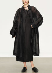 New Black Button Pockets Solid Linen Silk Long Trench Coat Batwing Sleeve