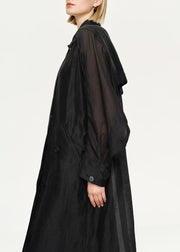 New Black Button Pockets Solid Linen Silk Long Trench Coat Batwing Sleeve
