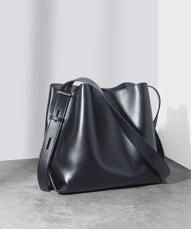 New Black Calf Leather Large Capacity Casual Bucket Bag