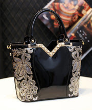 New Black Embroidered Zircon Faux Leather Tote Handbag