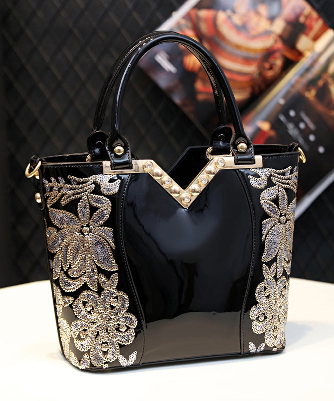 New Black Embroidered Zircon Faux Leather Tote Handbag