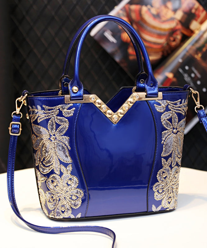 New Black Embroidered Zircon Faux Leather Tote Handbag