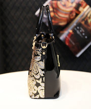 New Black Embroidered Zircon Faux Leather Tote Handbag