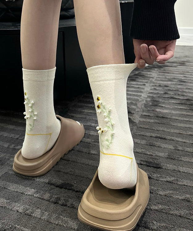 New Black Flower Pearl Stylish Mid Calf Socks