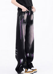 New Black Graffiti Pockets High Waist Denim Straight Pants Fall