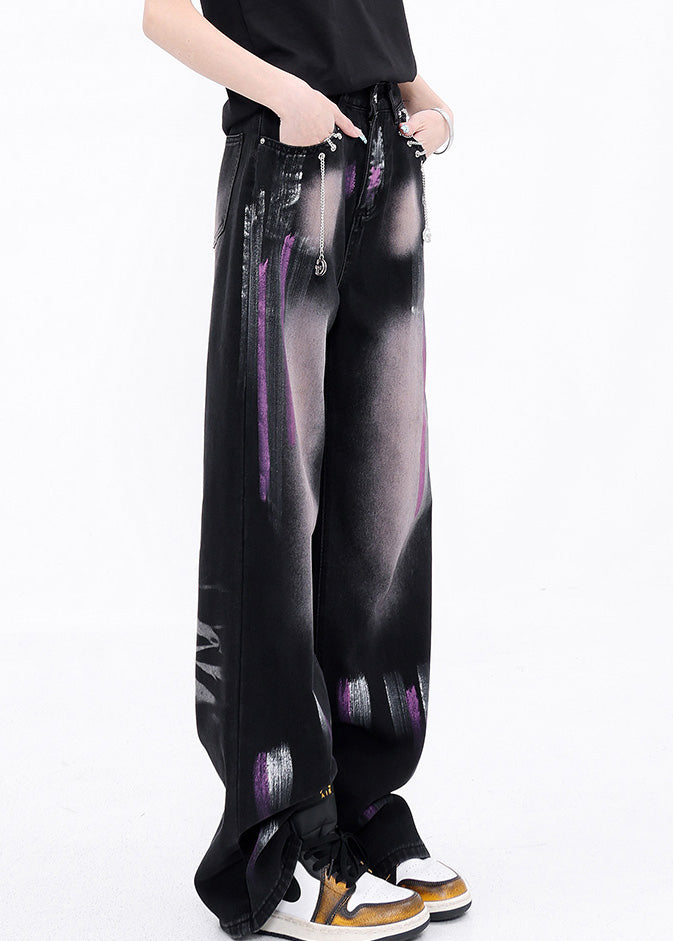 New Black Graffiti Pockets High Waist Denim Straight Pants Fall
